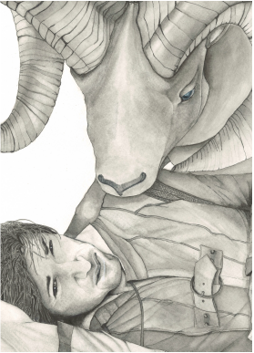 Illustration in black and white of a Ram and Celtic Warrior