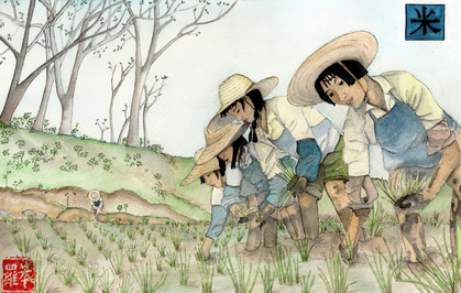 Watercolor illustration of women in a rice paddy