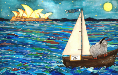 Watercolor illustration of black sheep in a boat by Sydney Opera House