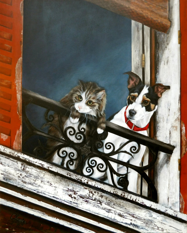 Painting of three dogs in costumes at Trafalgar Square