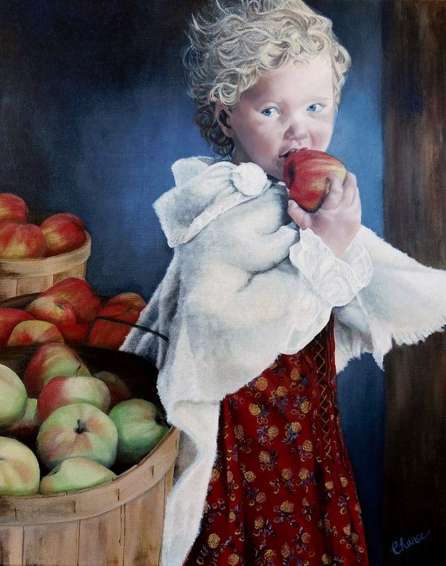 Portrait of young girl with apples, painting